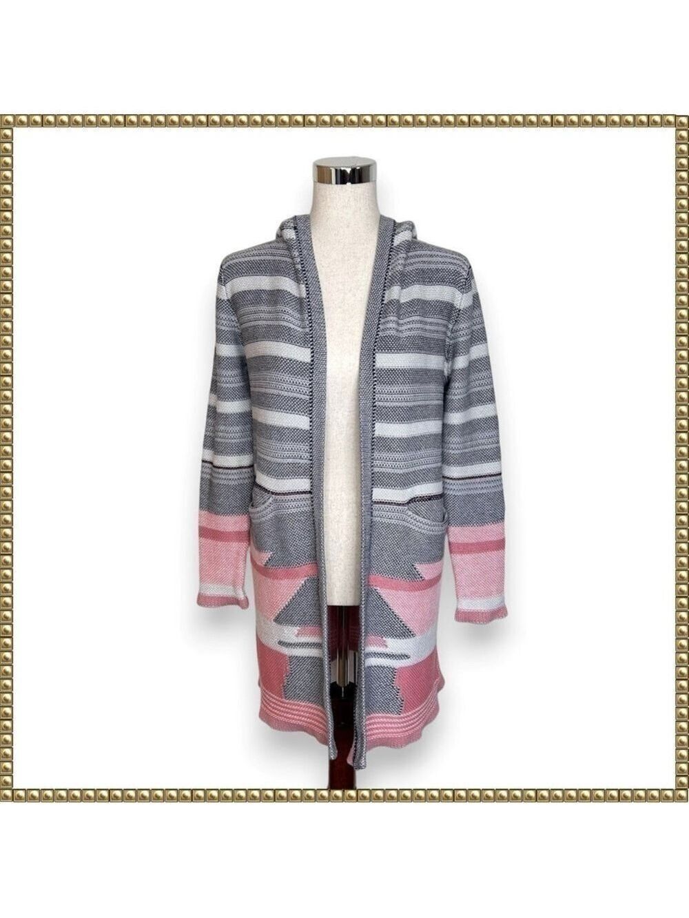 Tulle Knit Cardigan Hooded Striped Small